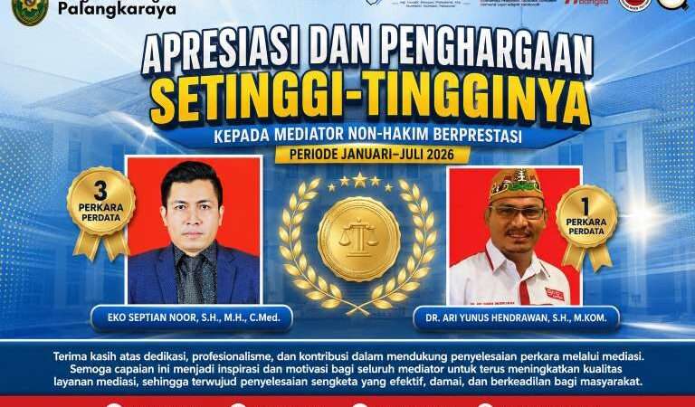 PN Palangkaraya Beri Penghargaan kepada Mediator Non-Hakim Berprestasi Periode Januari–Juli 2026