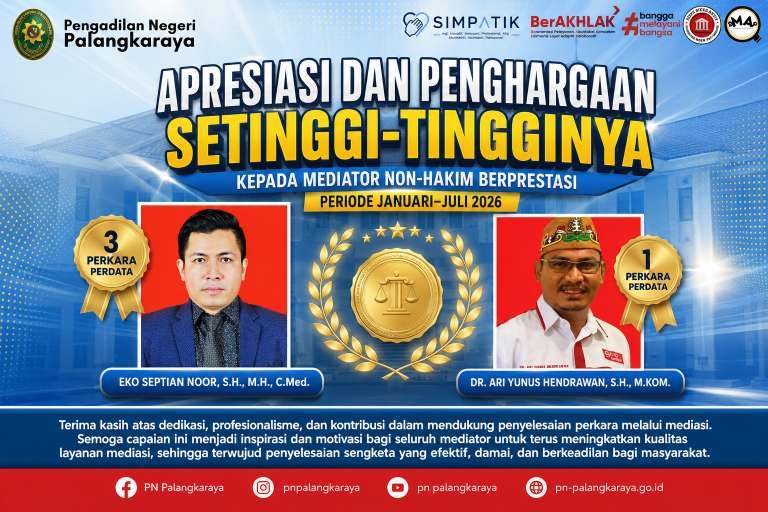 PN Palangkaraya Beri Penghargaan kepada Mediator Non-Hakim Berprestasi Periode Januari–Juli 2026