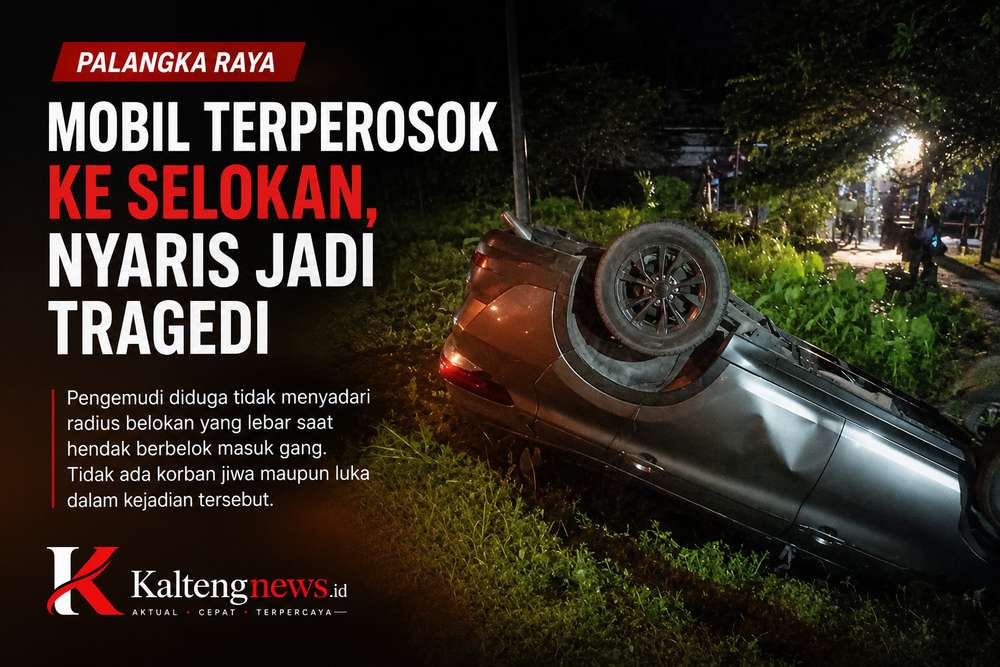 Mobil Terperosok ke Selokan di Palangka Raya, Pengemudi Selamat Tanpa Luka